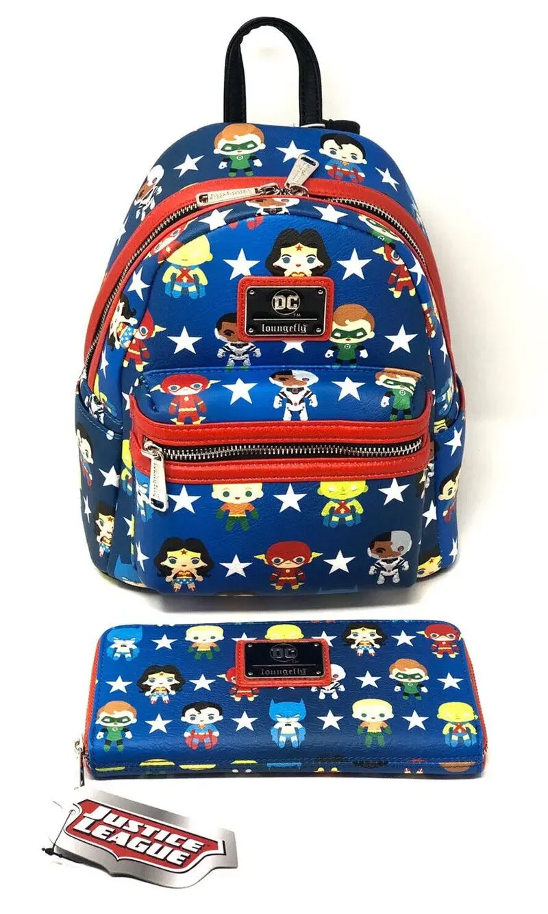 Loungefly Justice League Chibi Mini Backpack Matching Wallet Set DC COMICS NWT